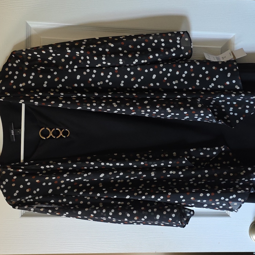 R&K Black Polka Dot Sheer Blazer with Gold Accents New